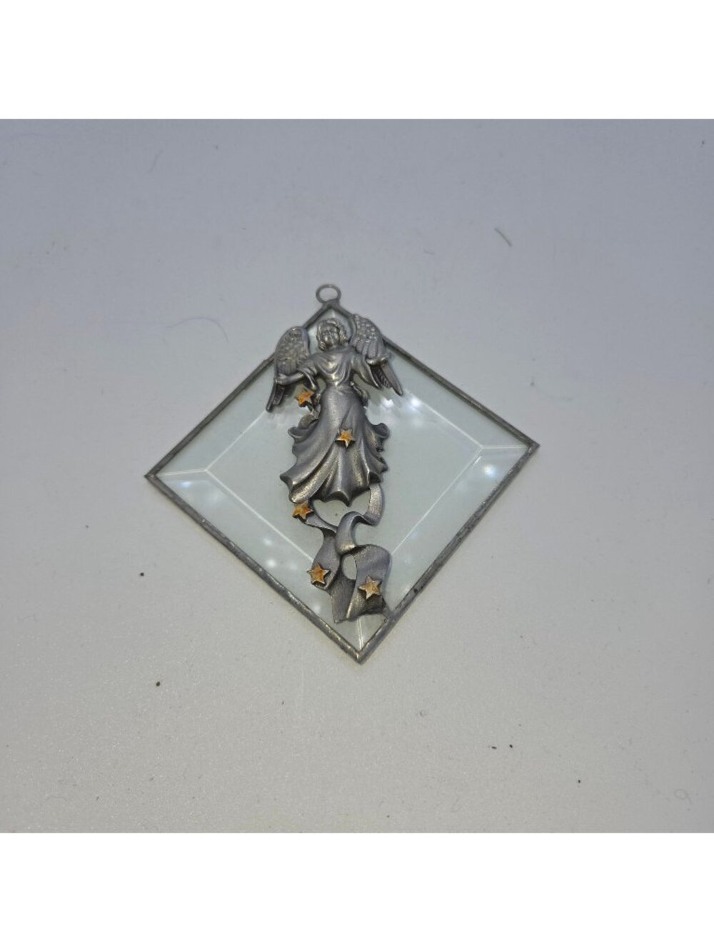 Angel Pewter Ornamen Glass Panel & Star Accents 3.5"x3.5" Stained Glass Style